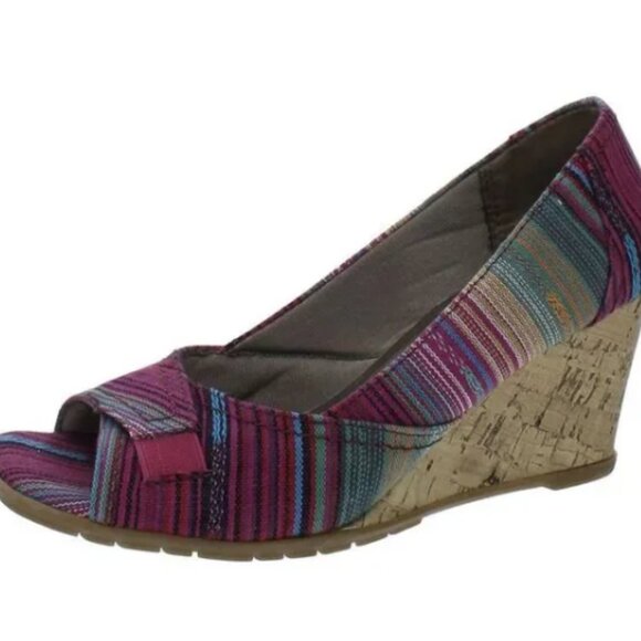 New Life Stride Women's Promote Pink‎ Canvas Open Toe Wedge Heels Size 7 Wide - Picture 1 of 16